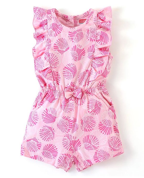 Babyhug 100% Cotton Knit Half Sleeves Jumpsuit With Floral Print - Pink
