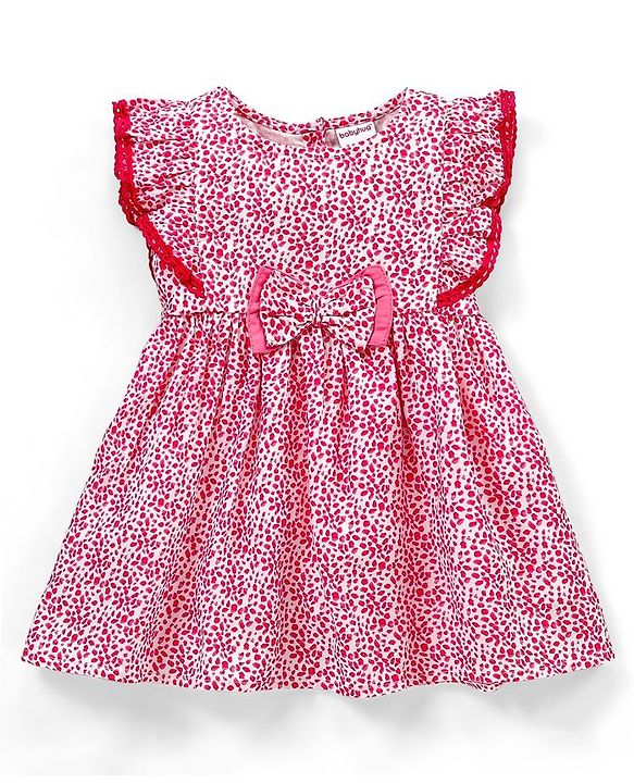 Babyhug 100% Viscose Short Sleeves Frock Abstract Print with Bow Applique - Pink