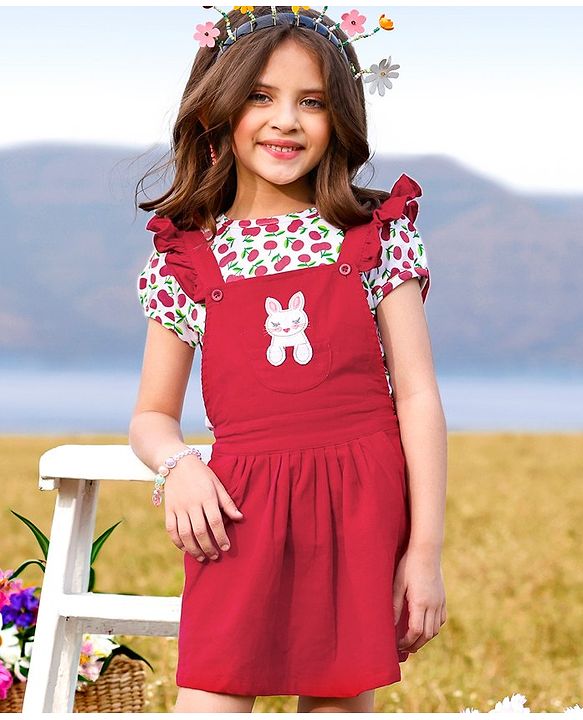 Babyhug Cordrouy Frocks with Half Sleeves Inner Tee Cherry Printed - Red