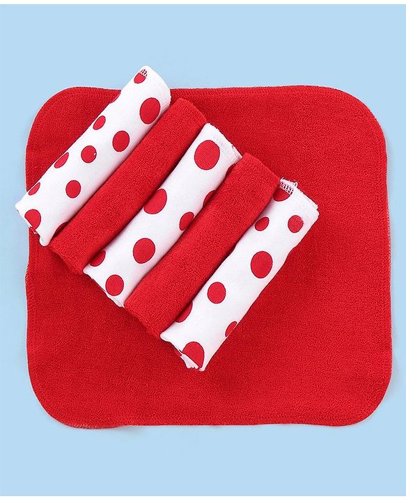 Babyhug Knitted Terry Wash cloth Pack of 6 Polka Dots Print - Red & White