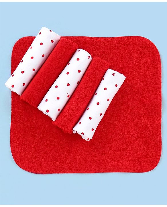 Babyhug Knitted Terry Wash Cloth Pack of 6 Polka Dots Print - Red & White
