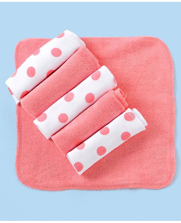 Babyhug Knitted Terry Wash Cloth Pack of 6 Polka Dots Print - Pink & White