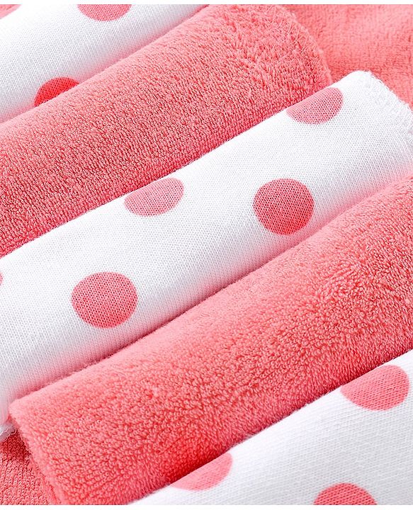 Babyhug Knitted Terry Wash Cloth Pack of 6 Polka Dots Print - Pink & White
