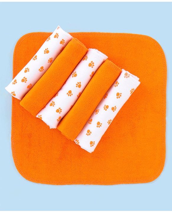 Babyhug Knitted Terry Wash Cloth Pack of 6 Paws Print - Orange & White