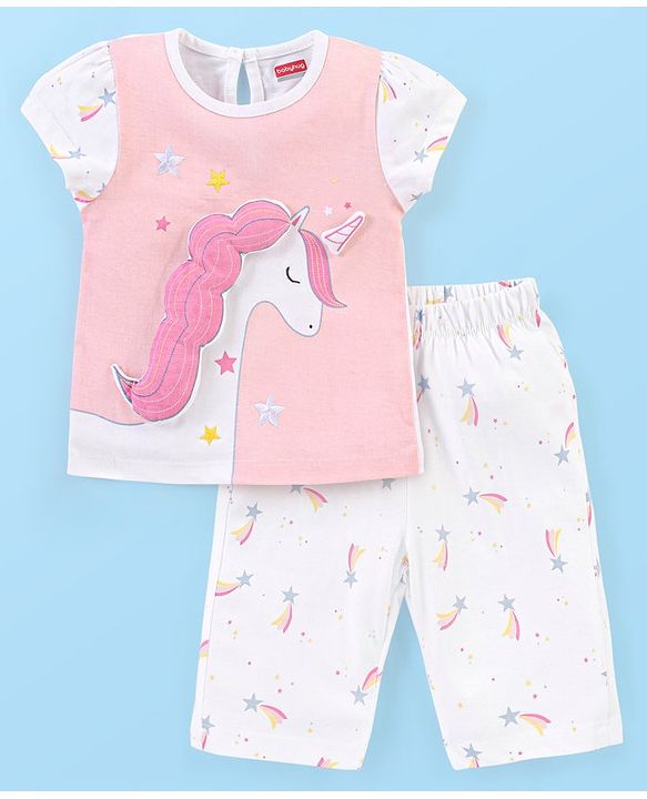 Babyhug Cotton Knit Cap Sleeves Capri Night Suit Unicorn Print - Pink & White
