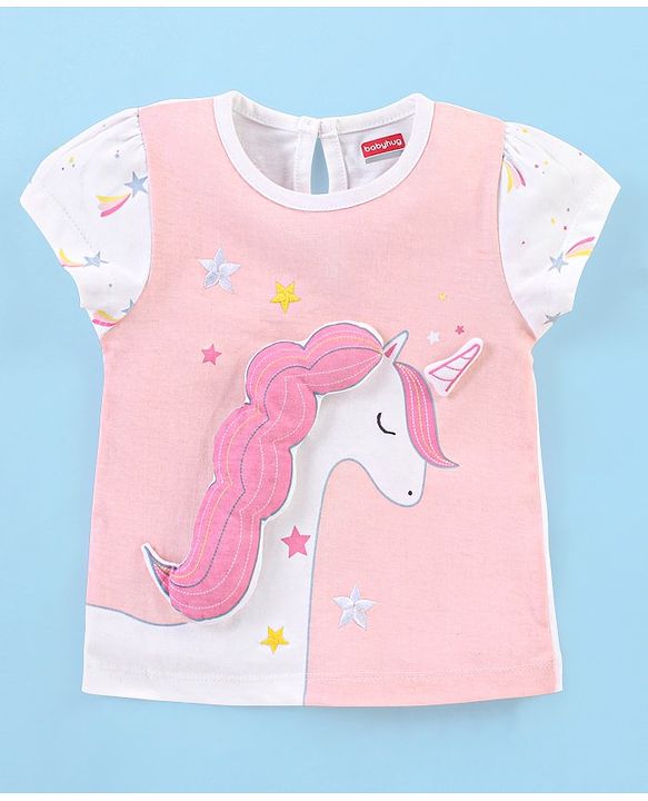 Babyhug Cotton Knit Cap Sleeves Capri Night Suit Unicorn Print - Pink & White