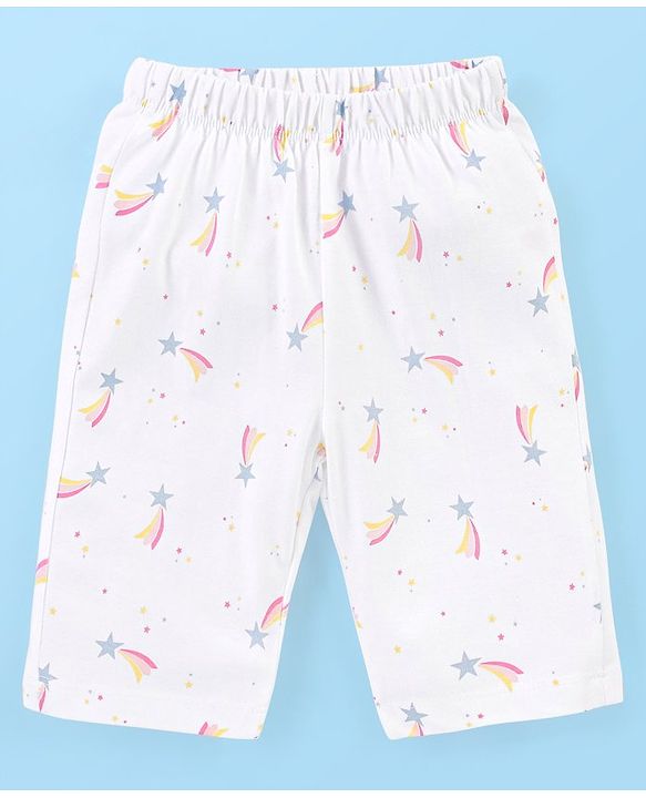 Babyhug Cotton Knit Cap Sleeves Capri Night Suit Unicorn Print - Pink & White
