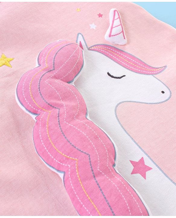 Babyhug Cotton Knit Cap Sleeves Capri Night Suit Unicorn Print - Pink & White