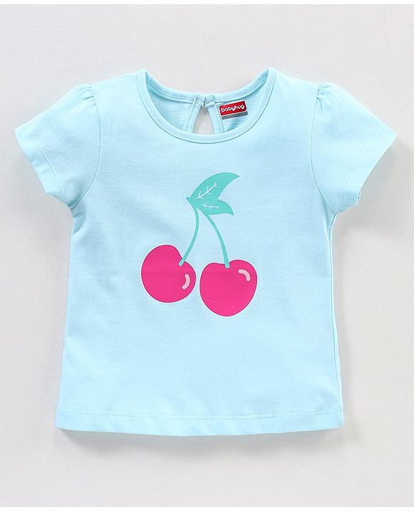Babyhug 100% Cotton Knit Half Sleeves Cherry Graphics Detailing Tee - Mint Green