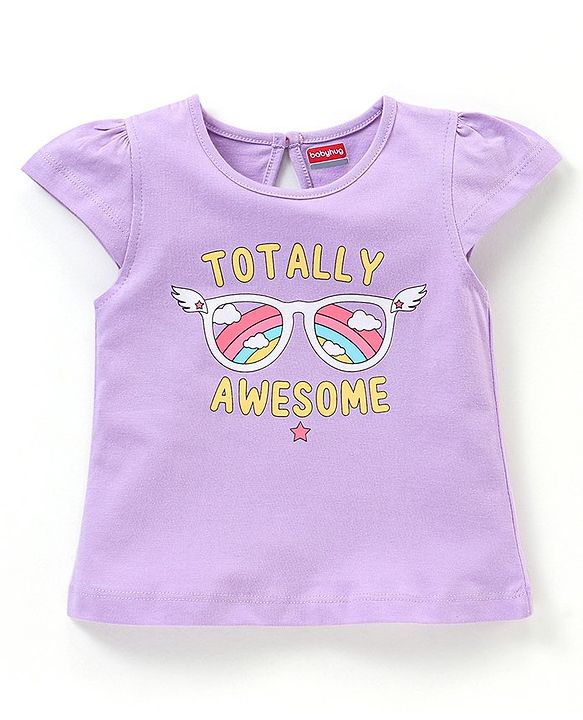 Babyhug 100% Cotton Knit Cap Sleeves Graphics Detailing Tee - Light Purple