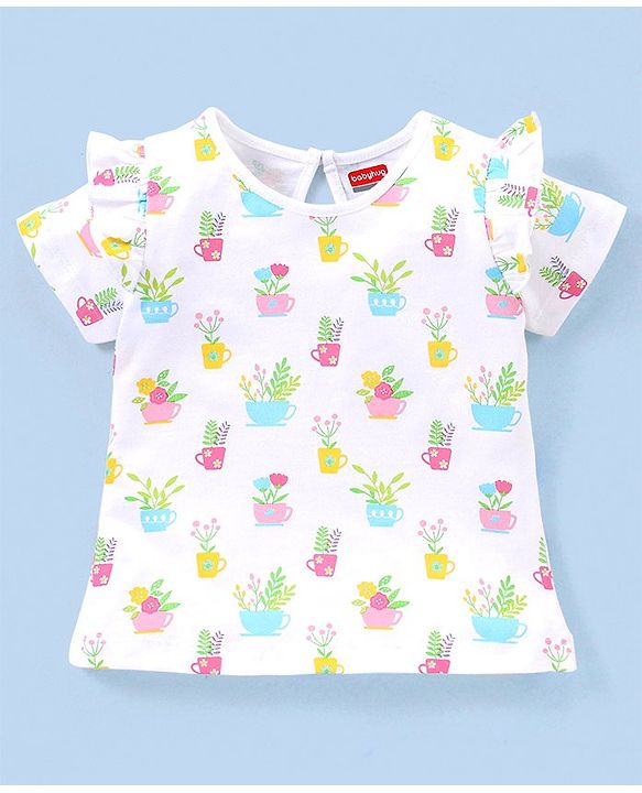 Babyhug 100% Cotton Half Sleeves Tee With Frill Detailing Floral Print- White