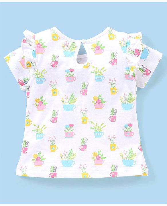 Babyhug 100% Cotton Half Sleeves Tee With Frill Detailing Floral Print- White