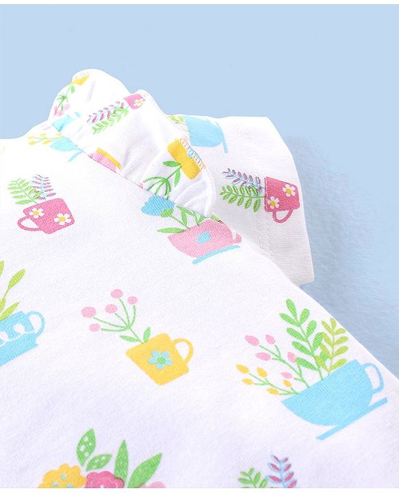 Babyhug 100% Cotton Half Sleeves Tee With Frill Detailing Floral Print- White
