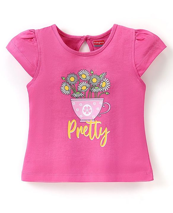 Babyhug 100% Cotton Knit Cap Sleeves T-Shirt Floral Print - Pink