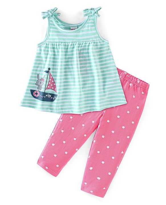 Babyhug 100% Cotton Knit Sleeveless Striped Top and Leggings Set Bunny Print - Blue & Pink
