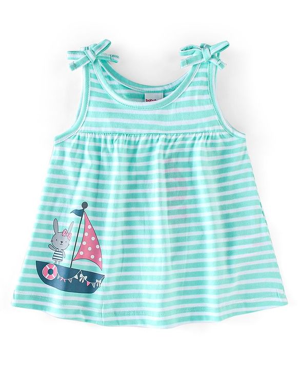 Babyhug 100% Cotton Knit Sleeveless Striped Top and Leggings Set Bunny Print - Blue & Pink