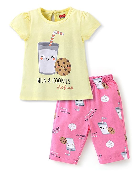 Babyhug Cotton Half Sleeves Capri Night Suit Milk & Cookies Print- Yellow & Pink