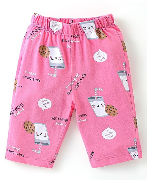 Babyhug Cotton Half Sleeves Capri Night Suit Milk & Cookies Print- Yellow & Pink