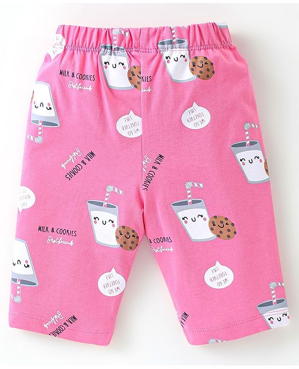 Babyhug Cotton Half Sleeves Capri Night Suit Milk & Cookies Print- Yellow & Pink