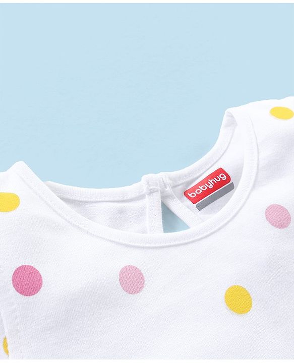 Babyhug 100% Cotton Knit Cap Sleeves Dot Printed Tee - White