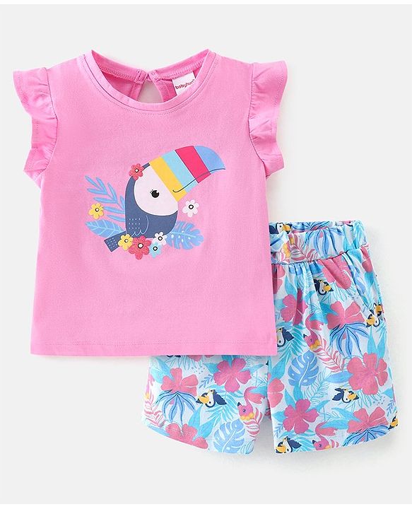 Babyhug 100% Cotton Knit Half Sleeves Top and Shorts Toucan Sequin Print - Blue & Pink