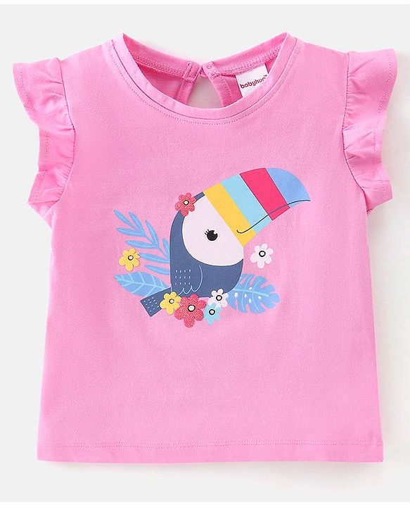 Babyhug 100% Cotton Knit Half Sleeves Top and Shorts Toucan Sequin Print - Blue & Pink