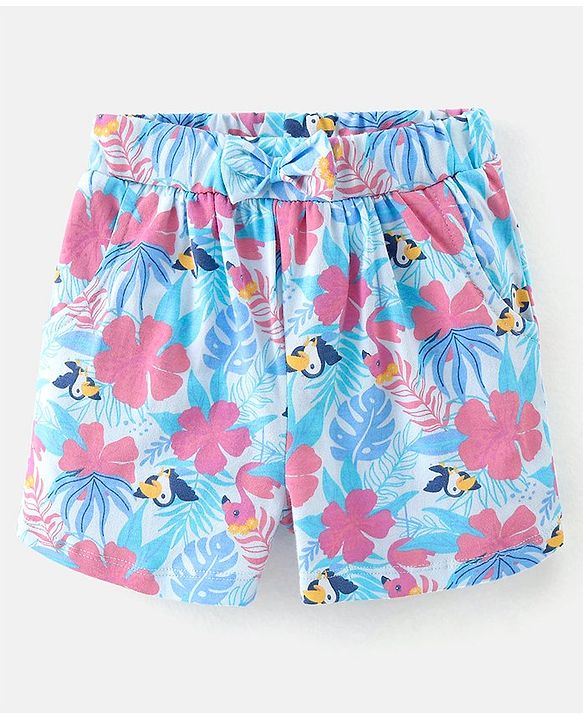 Babyhug 100% Cotton Knit Half Sleeves Top and Shorts Toucan Sequin Print - Blue & Pink