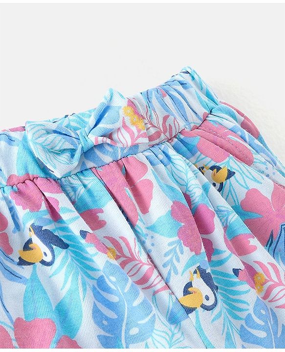 Babyhug 100% Cotton Knit Half Sleeves Top and Shorts Toucan Sequin Print - Blue & Pink