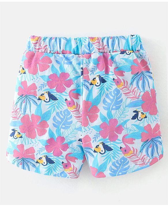 Babyhug 100% Cotton Knit Half Sleeves Top and Shorts Toucan Sequin Print - Blue & Pink