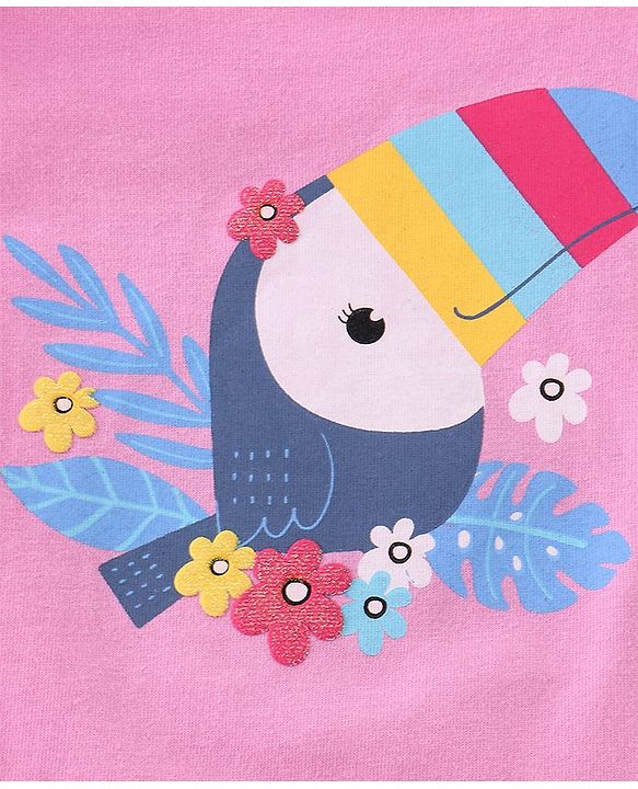 Babyhug 100% Cotton Knit Half Sleeves Top and Shorts Toucan Sequin Print - Blue & Pink