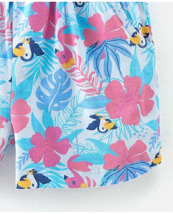 Babyhug 100% Cotton Knit Half Sleeves Top and Shorts Toucan Sequin Print - Blue & Pink