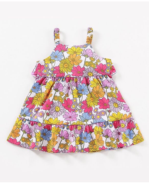 Babyhug 100% Cotton Singlet Floral Print Frock - White