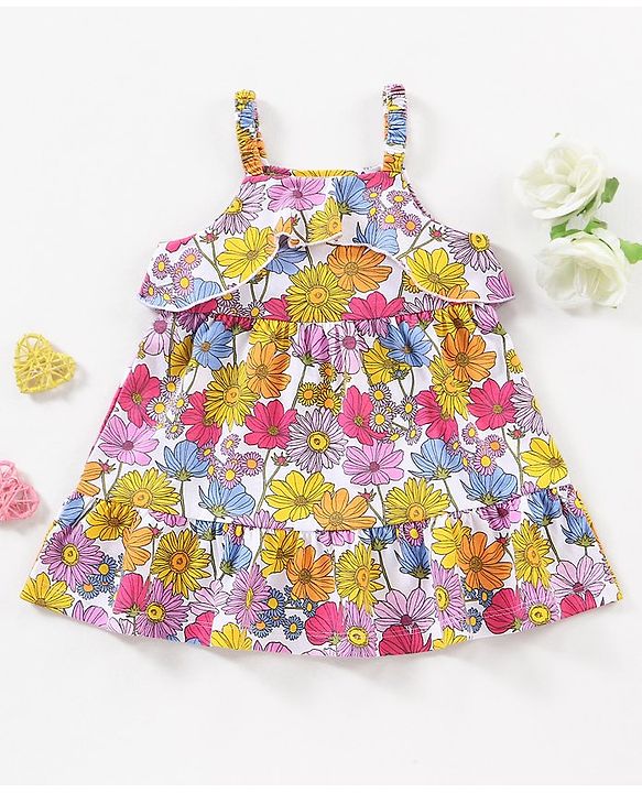 Babyhug 100% Cotton Singlet Floral Print Frock - White