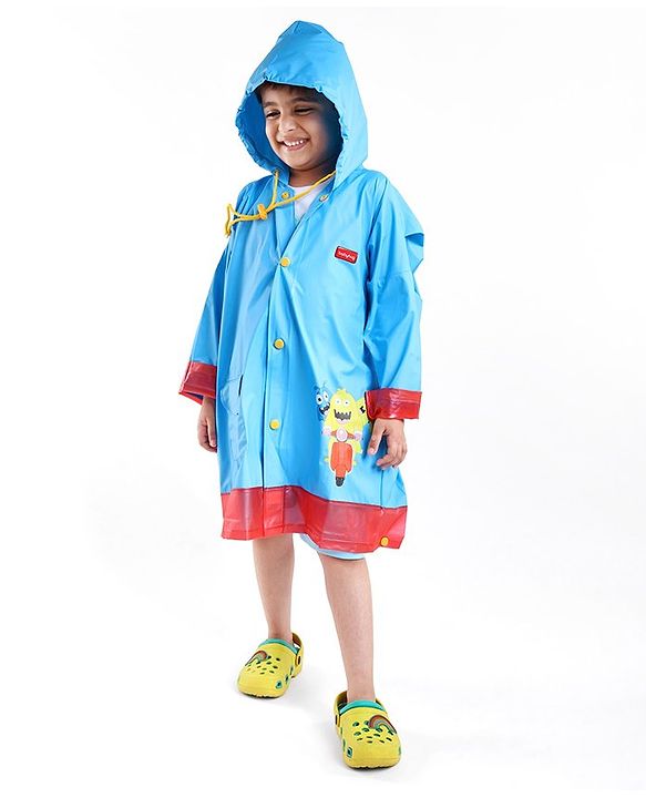 Babyhug Full Sleeves Hooded Monster Graphics Raincoat - Blue