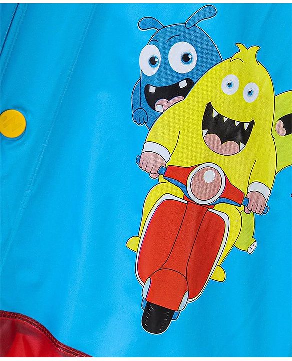 Babyhug Full Sleeves Hooded Monster Graphics Raincoat - Blue