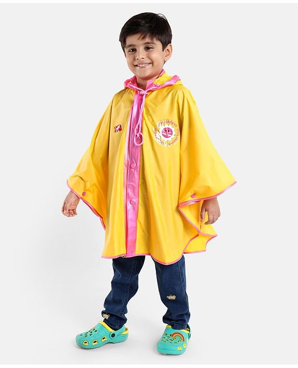 Babyhug PVC  Opaque Full Sleeves Poncho Raincoat Text Print - Yellow