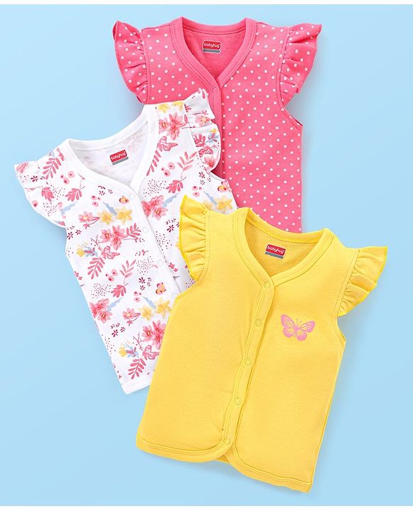 Babyhug 100% Cotton Knit Short Sleeves Set of Vests Butterfly Print Pack of 3 - Pink White & Yellow