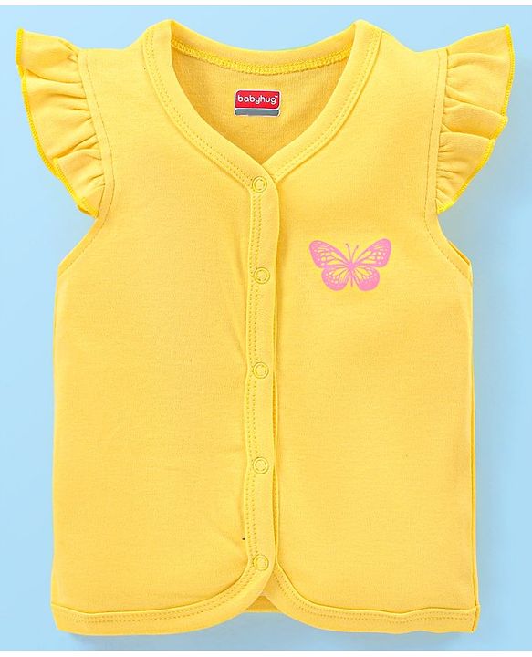 Babyhug 100% Cotton Knit Short Sleeves Set of Vests Butterfly Print Pack of 3 - Pink White & Yellow