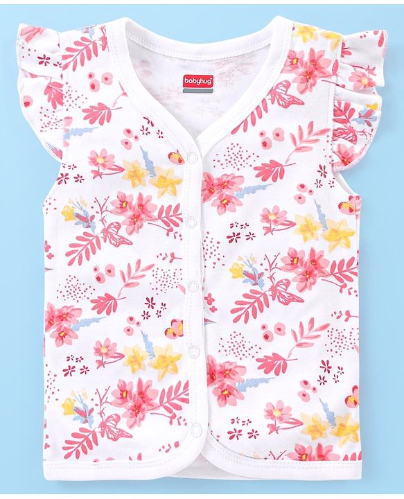 Babyhug 100% Cotton Knit Short Sleeves Set of Vests Butterfly Print Pack of 3 - Pink White & Yellow