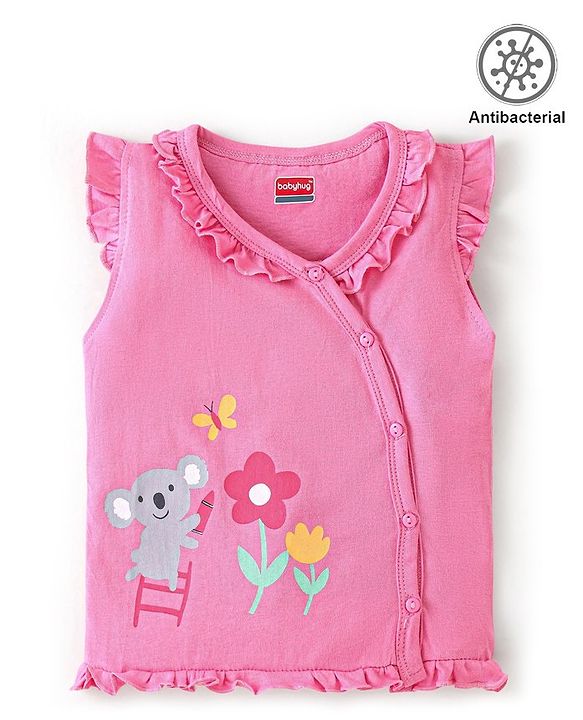 Babyhug 100% Cotton Knit Frill Sleeves Antibacterial Vest Koala Print - Pink