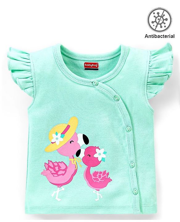 Babyhug 100% Cotton Knit Frill Sleeves Antibacterial Vest Flamingo Print - Green