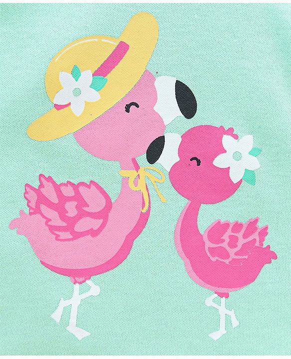 Babyhug 100% Cotton Knit Frill Sleeves Antibacterial Vest Flamingo Print - Green