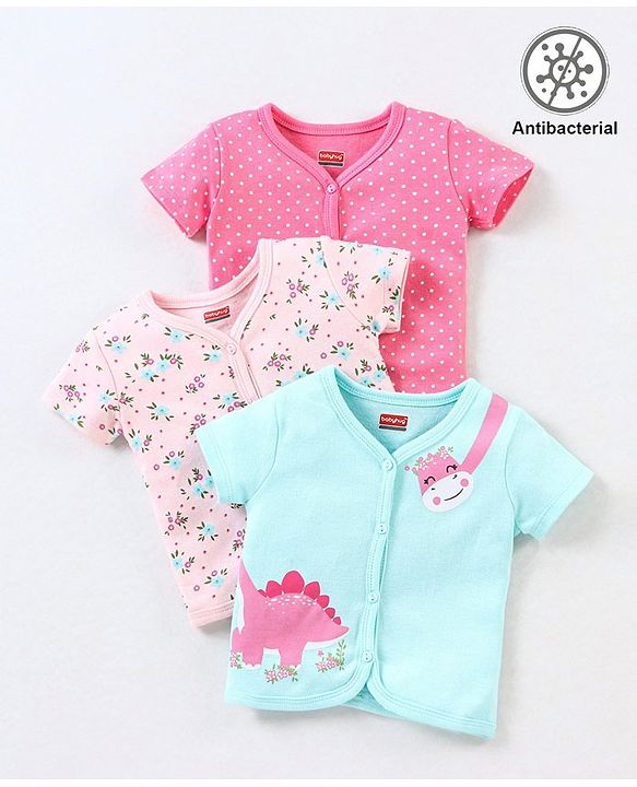 Babyhug 100% Cotton Antibacterial Half Sleeves Vests Dino Print Pack of 3 - Blue & Pink