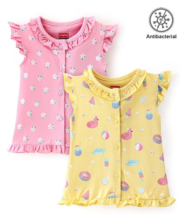 Babyhug 100% Cotton Frill Sleeves Antibacterial Vests With Floral Print Pack of 2- Pink & Yellow