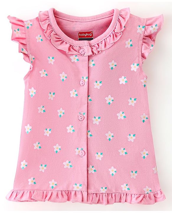 Babyhug 100% Cotton Frill Sleeves Antibacterial Vests With Floral Print Pack of 2- Pink & Yellow