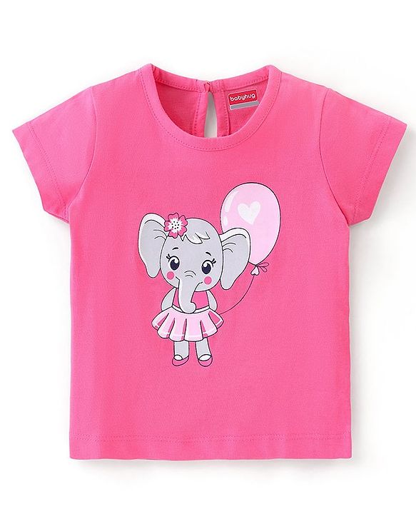 Babyhug 100% Cotton Knit Half Sleeves T-Shirt with Elephant Graphic Print - Pink