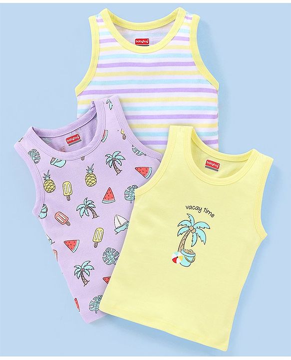 Babyhug 100% Cotton Knit Sleeveless Antibacterial Striped Sando Palm Tree Print Pack of 3 - Purple & Yellow