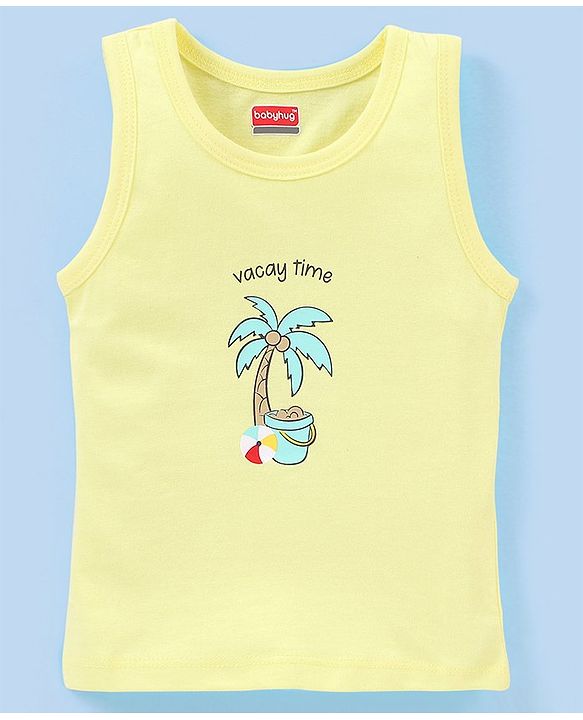 Babyhug 100% Cotton Knit Sleeveless Antibacterial Striped Sando Palm Tree Print Pack of 3 - Purple & Yellow
