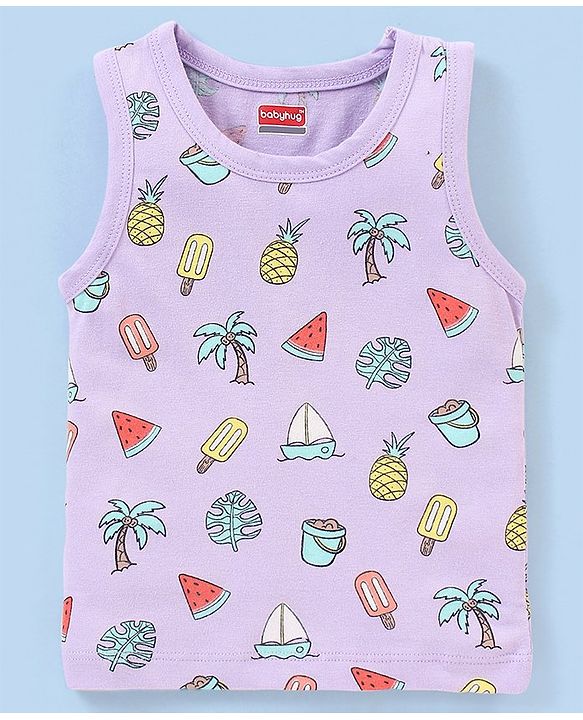 Babyhug 100% Cotton Knit Sleeveless Antibacterial Striped Sando Palm Tree Print Pack of 3 - Purple & Yellow