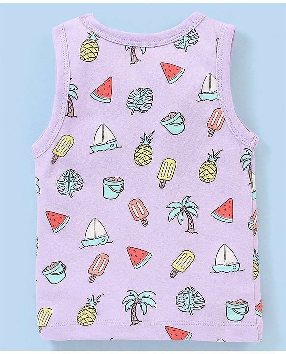 Babyhug 100% Cotton Knit Sleeveless Antibacterial Striped Sando Palm Tree Print Pack of 3 - Purple & Yellow